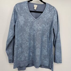 CHICO'S Sweater Womens (3) Blue Metallic Tapestry Floral V-Neck Sweater